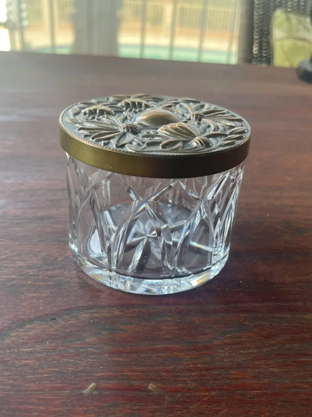 Antique Art Nouveau Flower Brass Cover & Cut Glass Vanity Dresser Jar